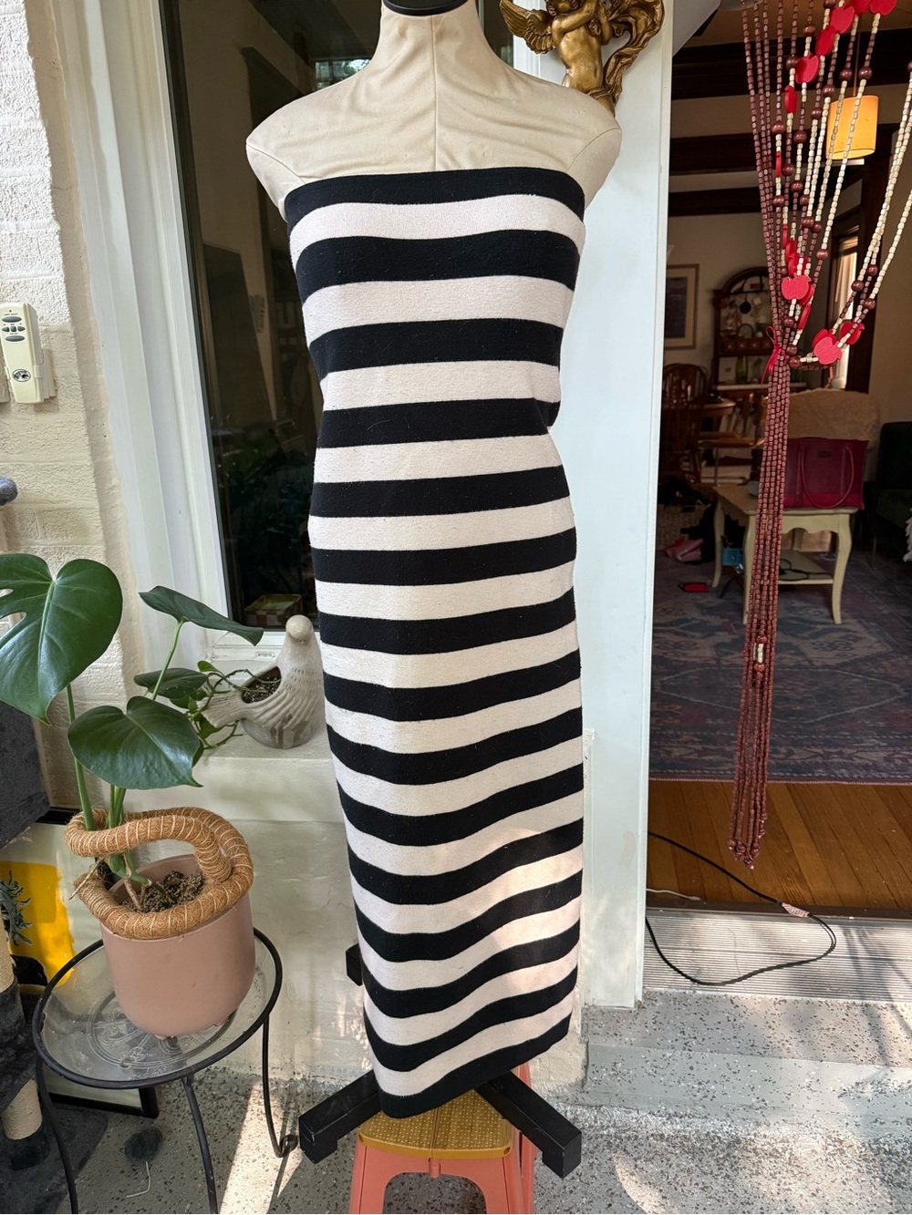 Striped Strapless Knit Midi Dress in Black and White